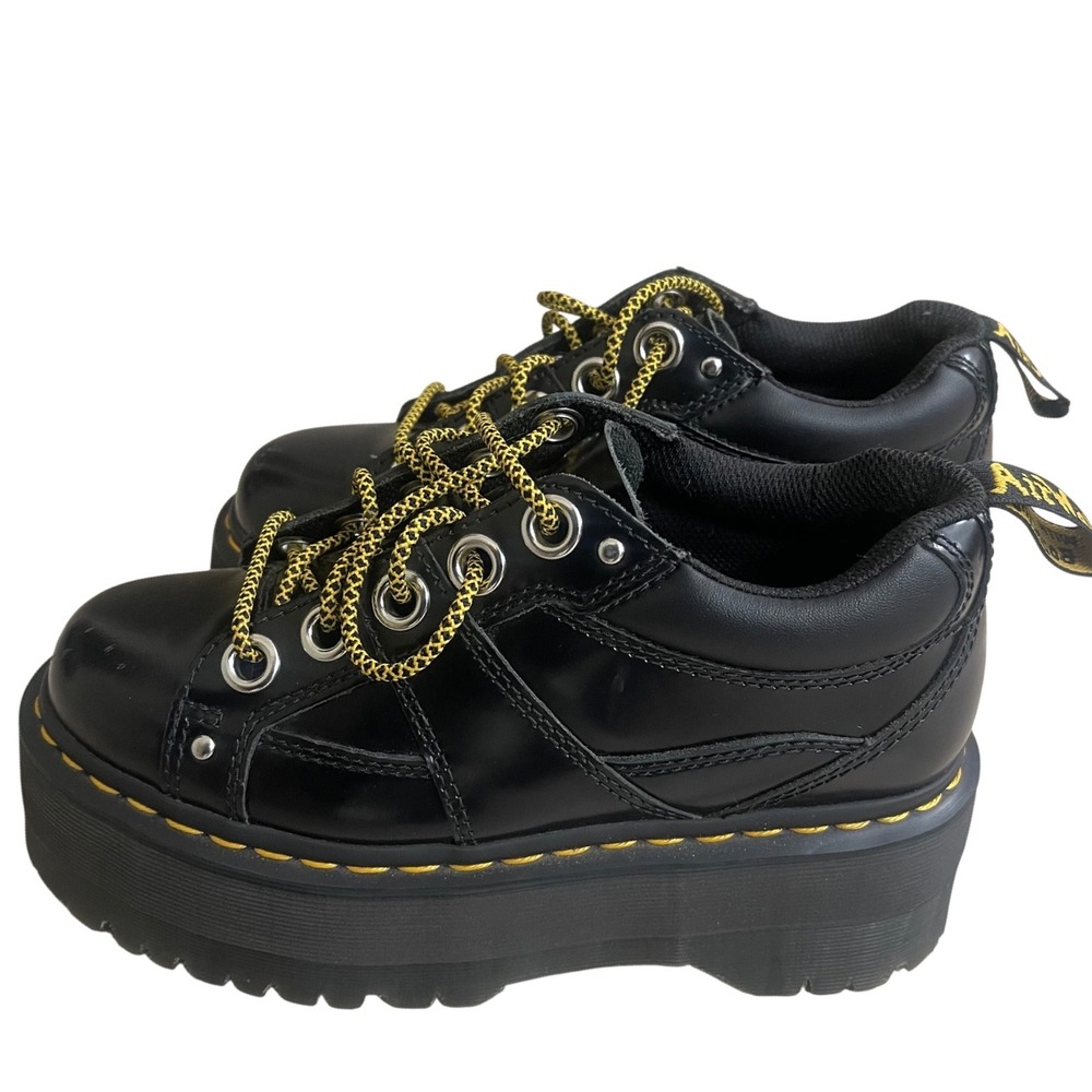 Dr Martens Womens 6 Quad Max Black Polished Leather Platform Shoes gothic 5 eye